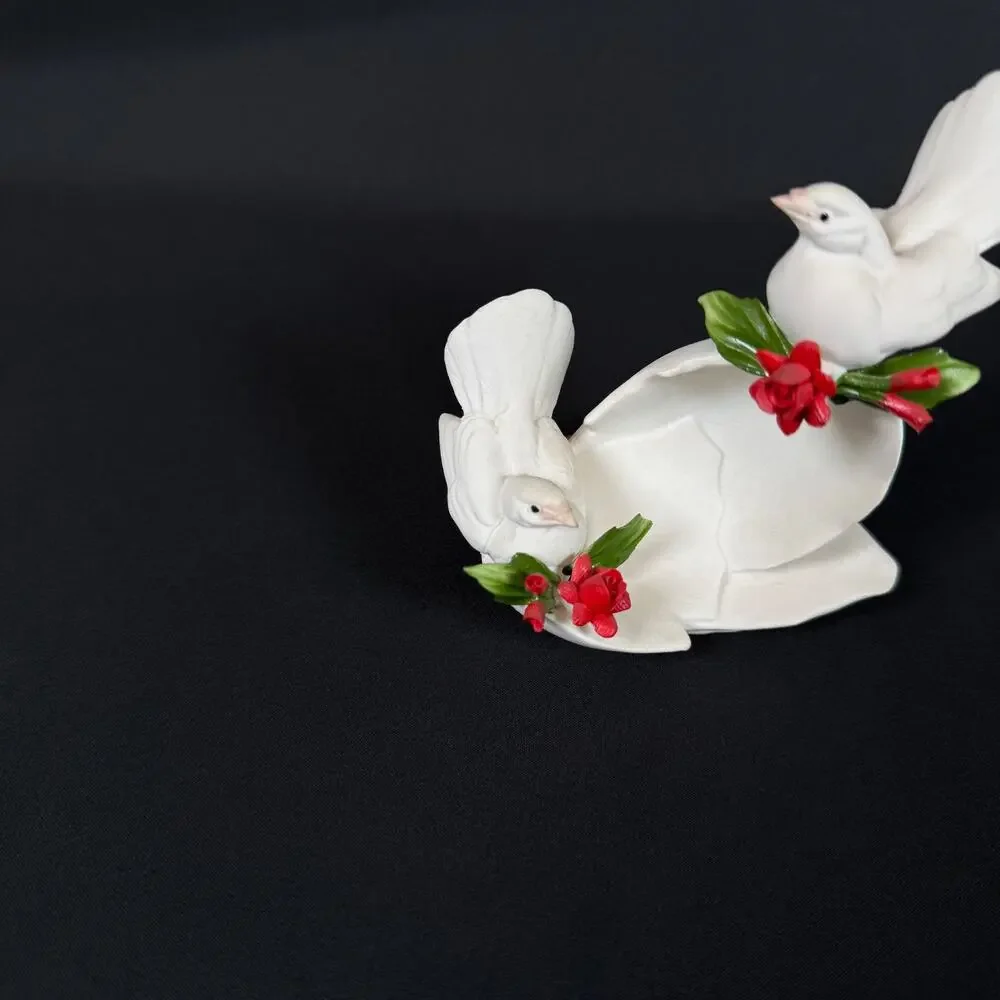 Capodimonte Porcelain White Doves on Cracked Egg with Red Roses
